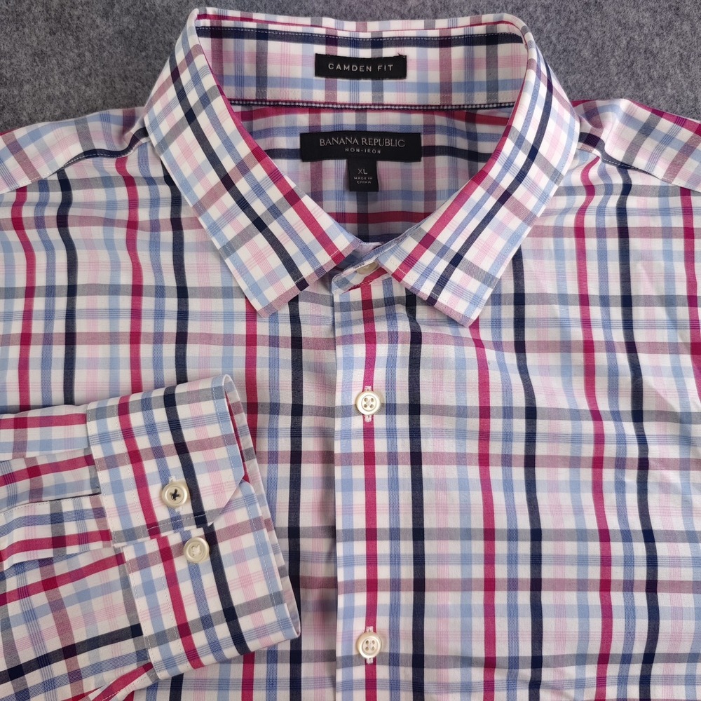 Banana Republic Shirt Mens XL Camden Fit Non Iron Blue Pink Plaid Long Sleeve